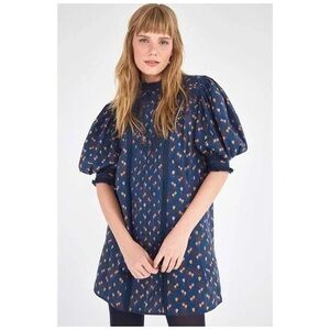 FarmRio | Mini Cashew Shift Lace Dress Puff Sleeve Navy Womens Small NWOT